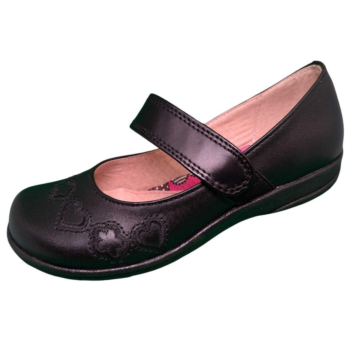 Risel zapato escolar 240 negro piel resorte corazones flores niña 18 a 21.5