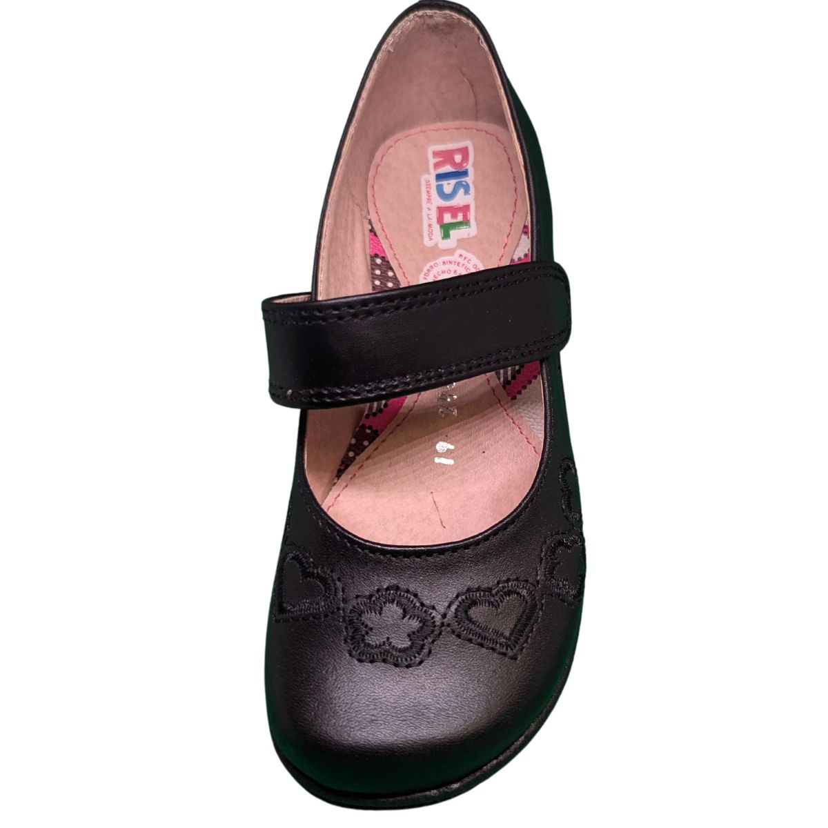 Risel zapato escolar 240 negro piel resorte corazones flores niña 18 a 21.5